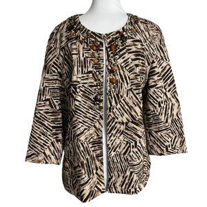 Chicos Womens Jacket Size 3 or XL Brown Jungle Print Jeweled Lined Embellished